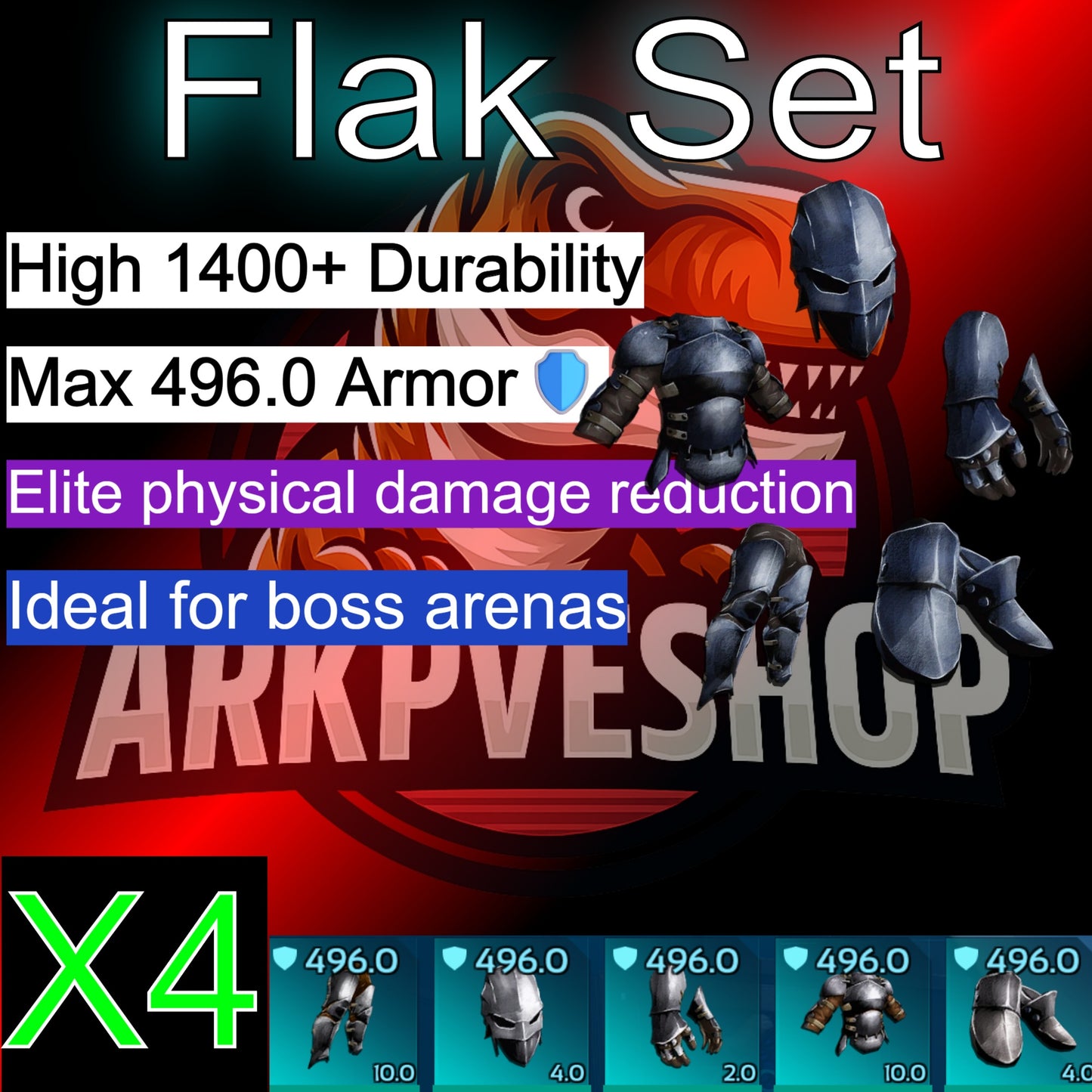 Flak Set Max 496.0% Armor 1400+Durability x4