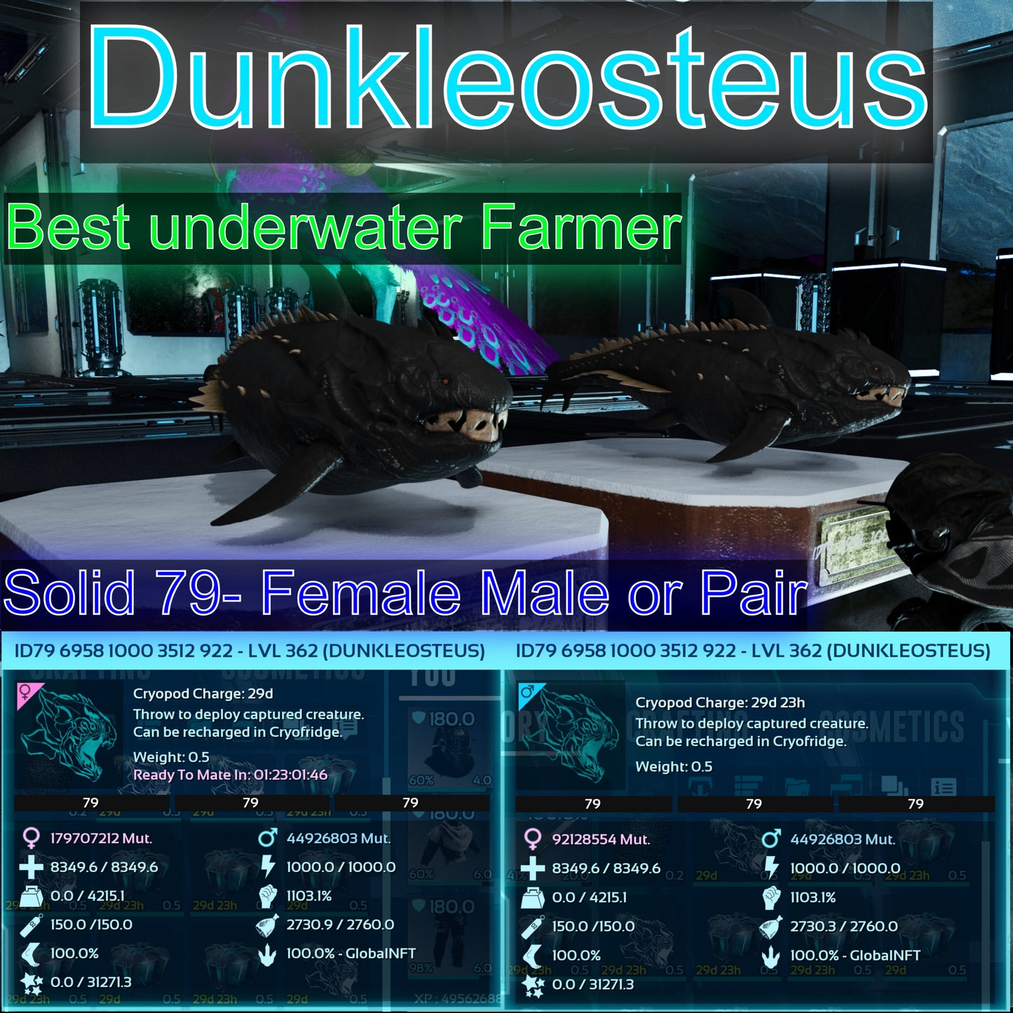 Dunkleosteus / Dunkleo - 362Max Level / 1103dmg Imprinted - Underwater Farmer